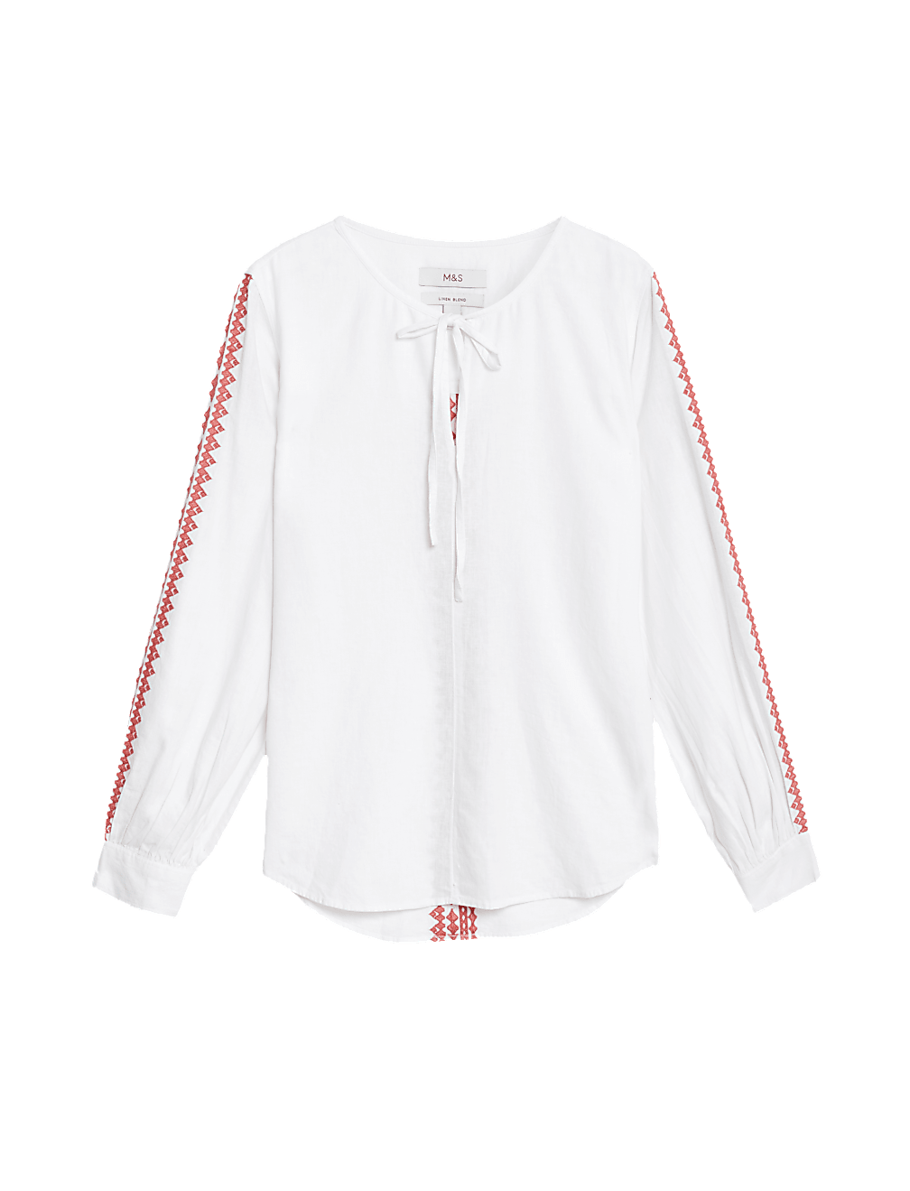 Linen Blend Embroidered Tie Neck Blouse