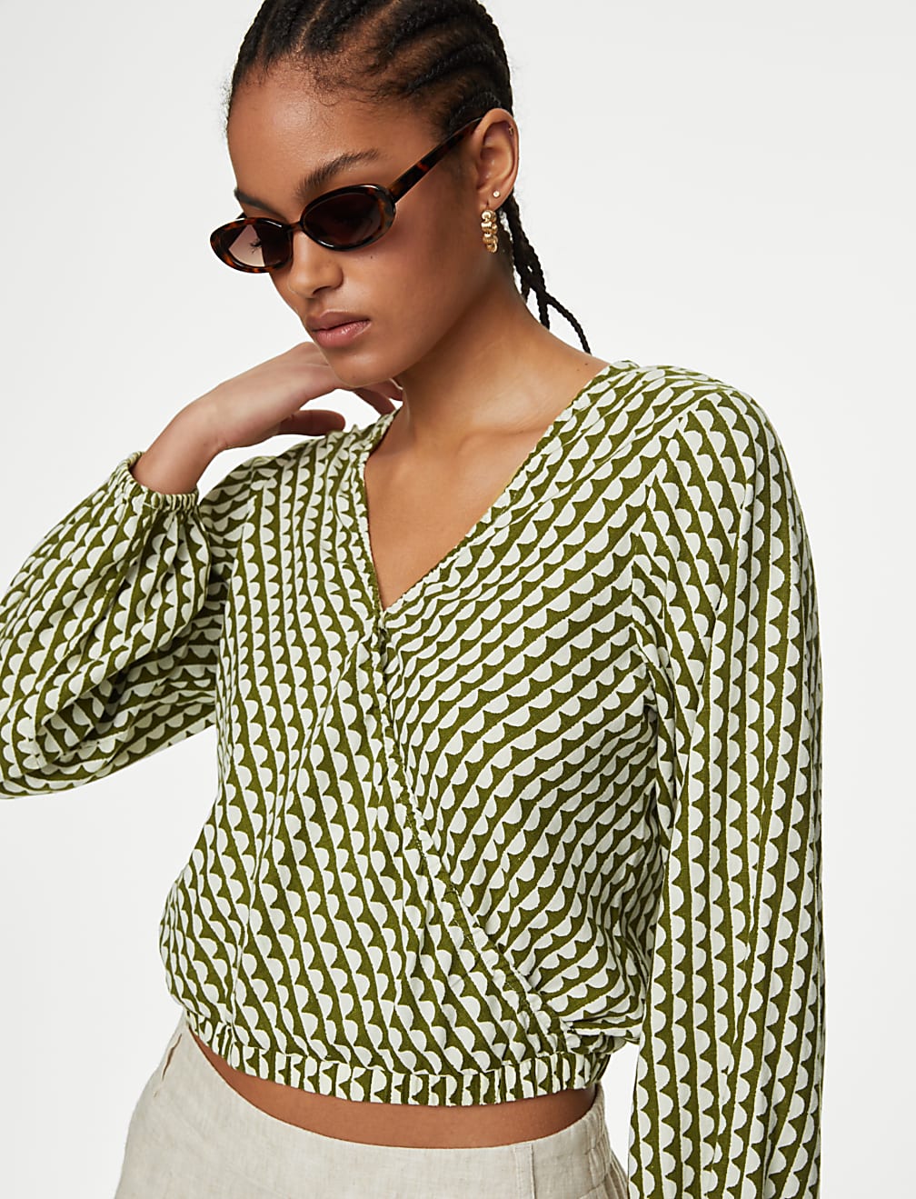 Linen Rich Printed V-Neck Wrap Top