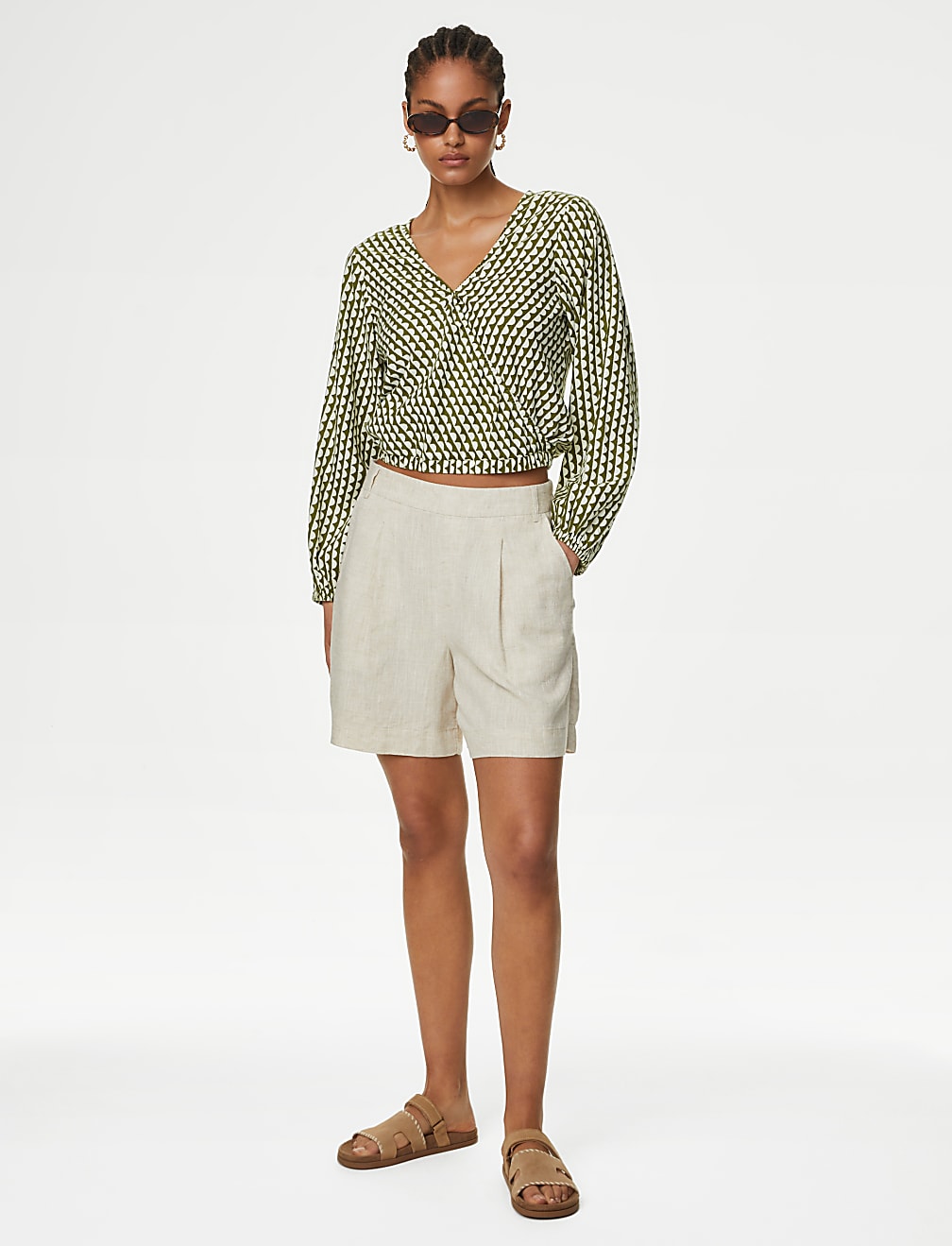 Linen Rich Printed V-Neck Wrap Top