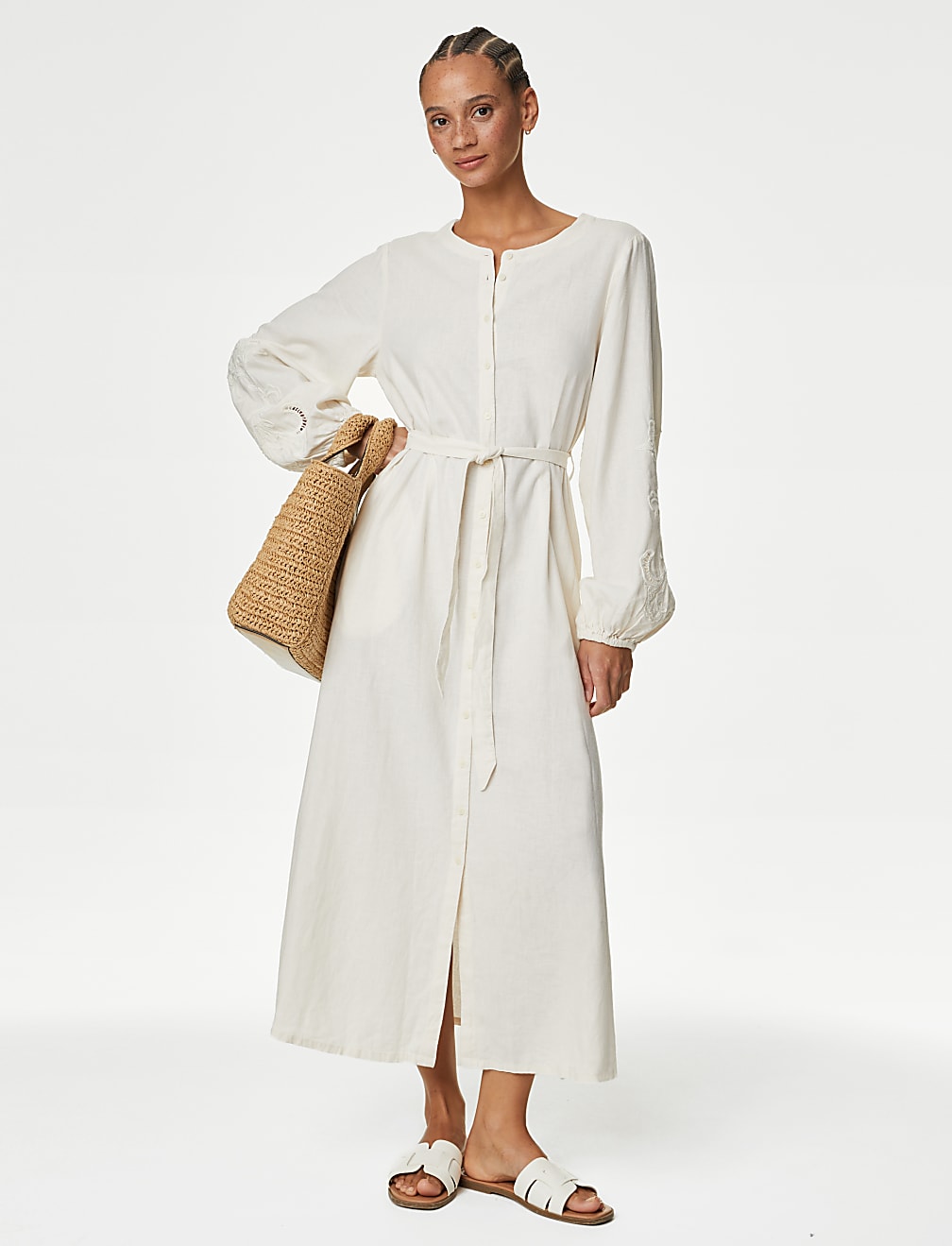 Linen Rich Embroidered Midi Shirt Dress