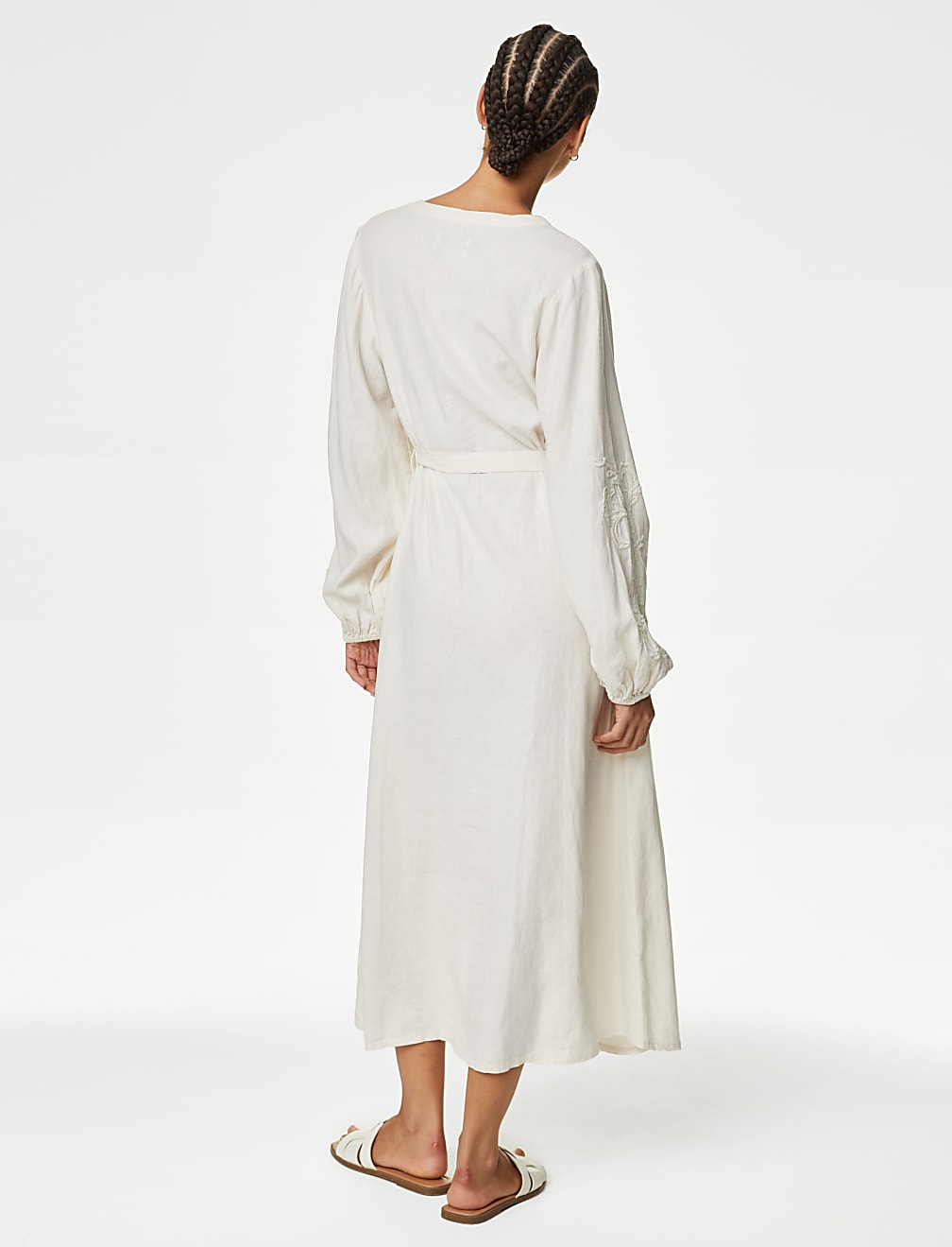 Linen Rich Embroidered Midi Shirt Dress
