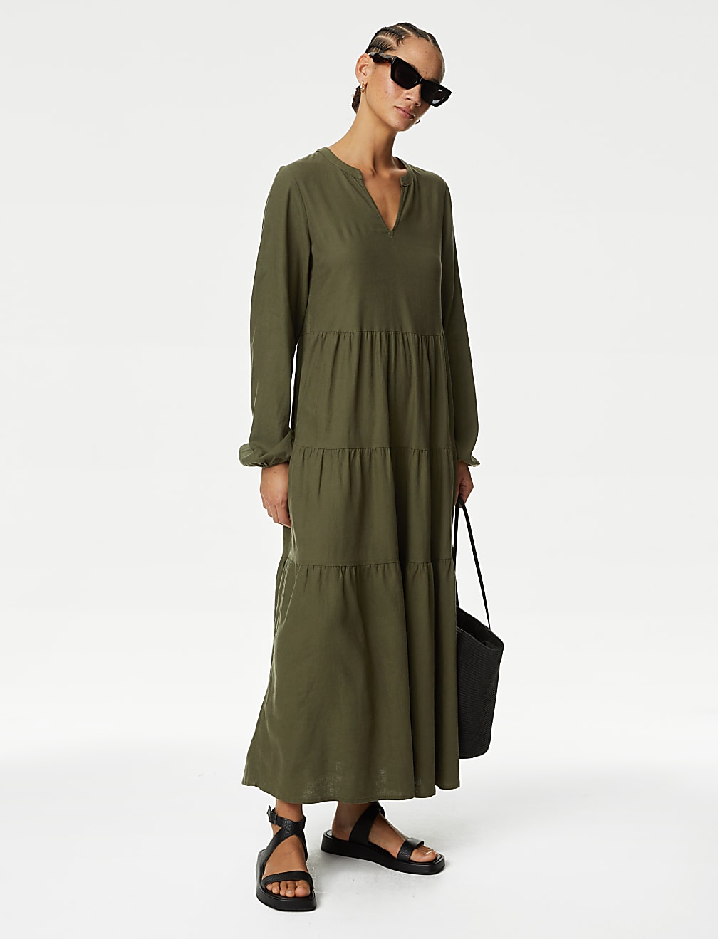 Linen Rich V-Neck Midaxi Tiered Dress