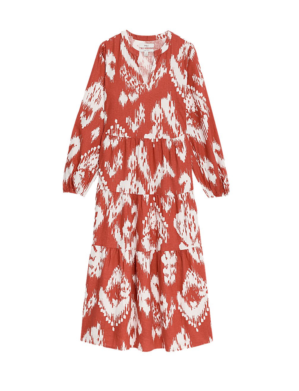 Linen Rich Printed V-Neck Midaxi Dress