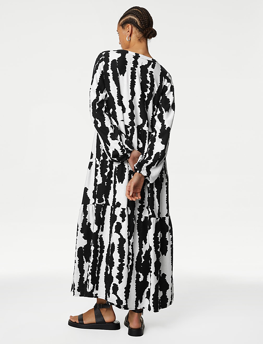 Linen Rich Printed V-Neck Midaxi Dress