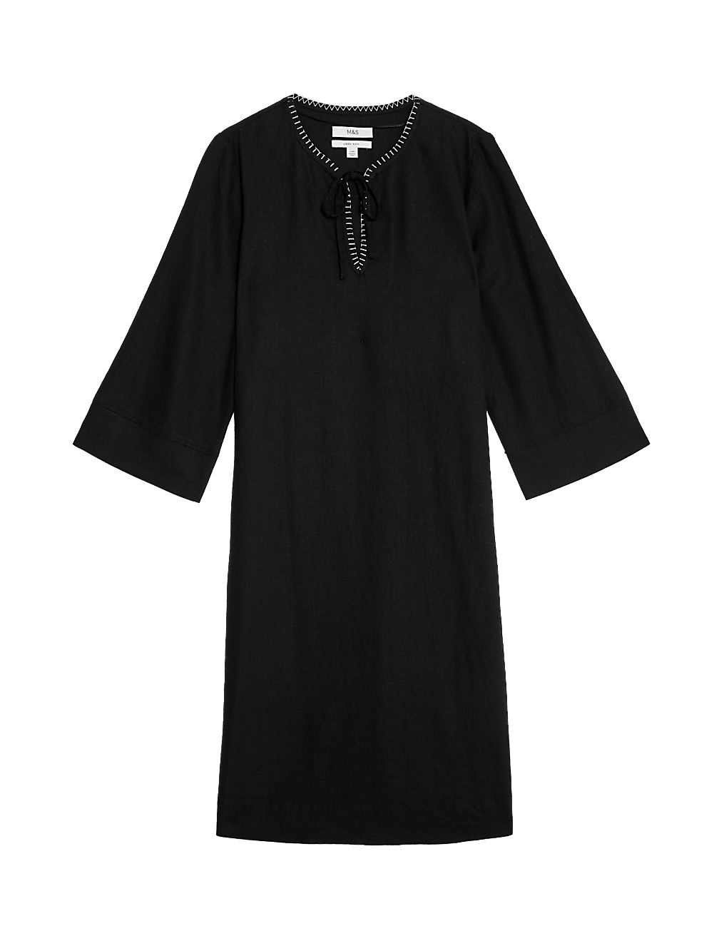 Linen Rich Tie Neck Knee Length Shift Dress