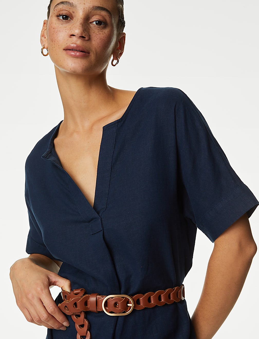 Linen Rich V-Neck Knee Length Shift Dress
