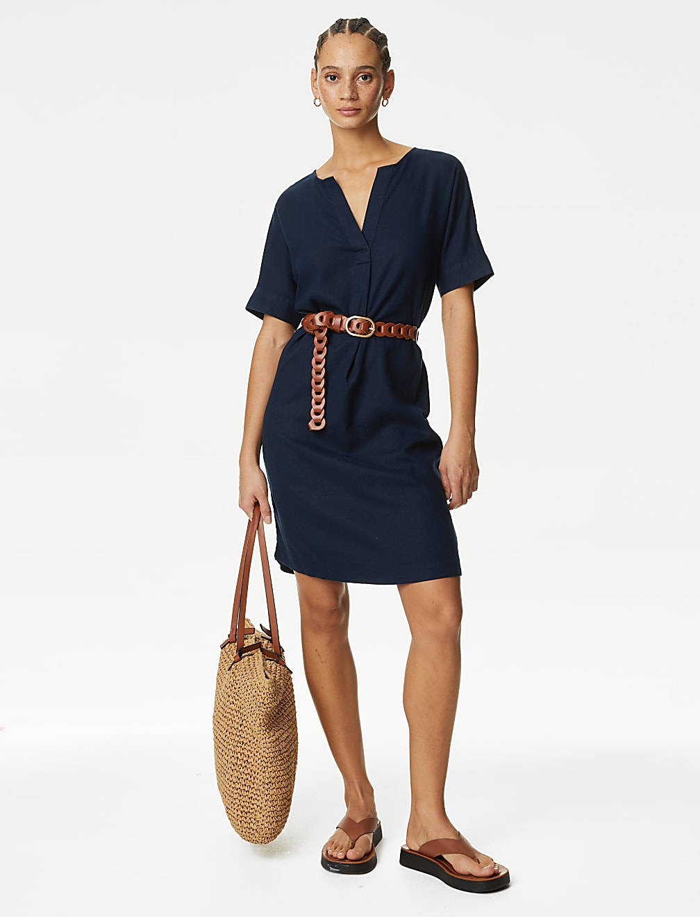 Linen Rich V-Neck Knee Length Shift Dress