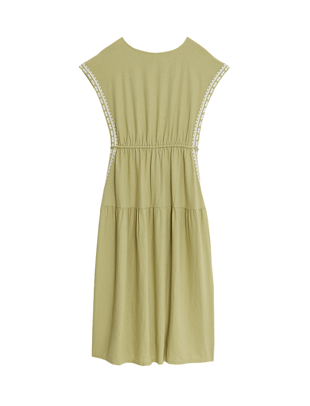 Linen Rich Embroidered Tie Waist Midi Dress