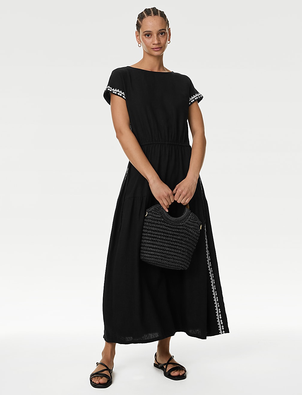 Linen Rich Embroidered Tie Waist Midi Dress