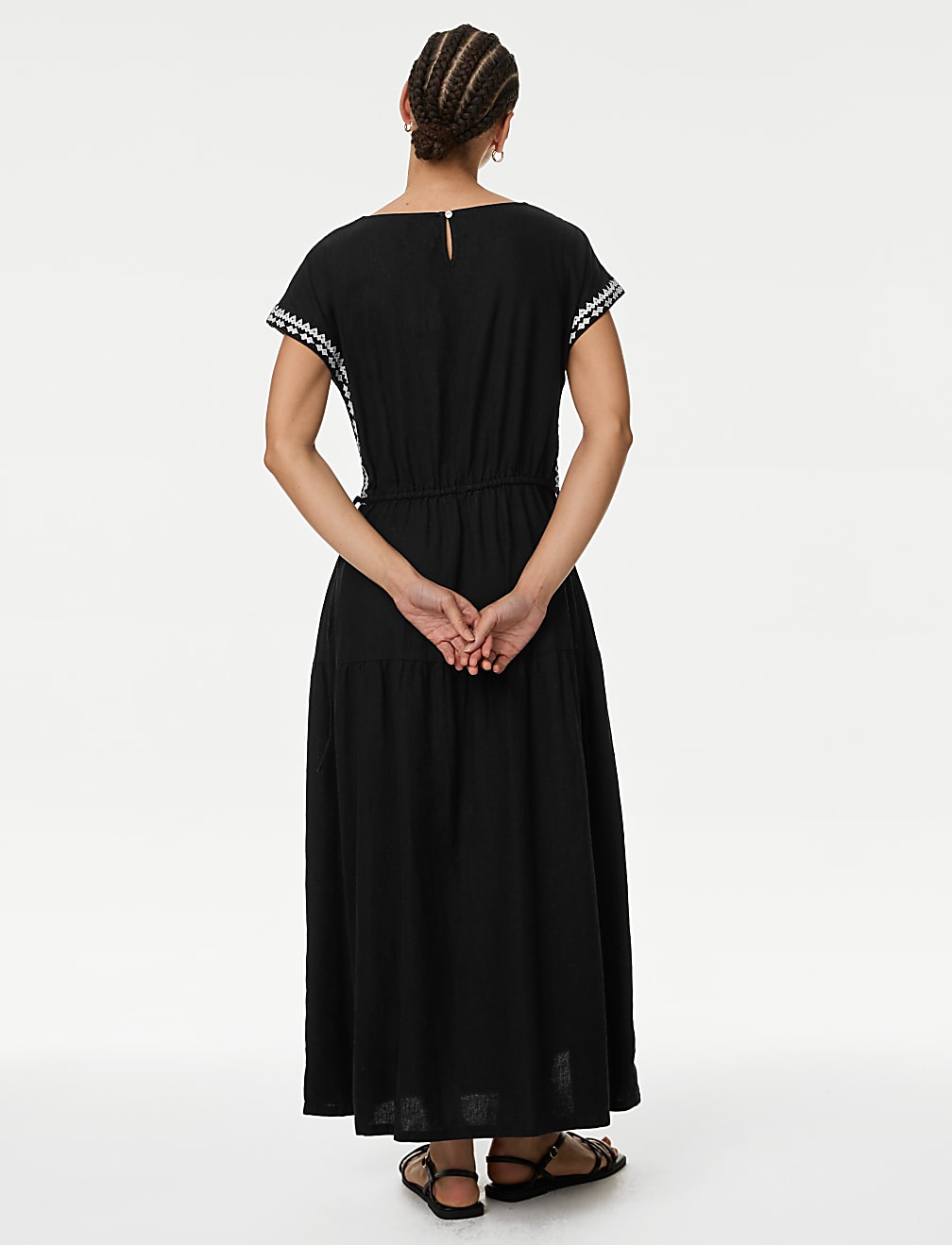 Linen Rich Embroidered Tie Waist Midi Dress