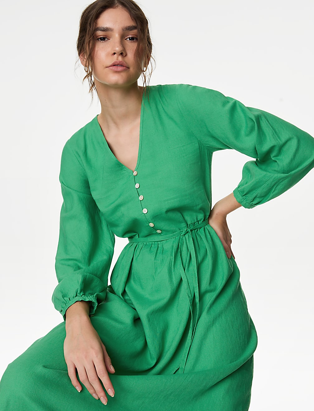 Linen Rich V-Neck Midi Shift Dress