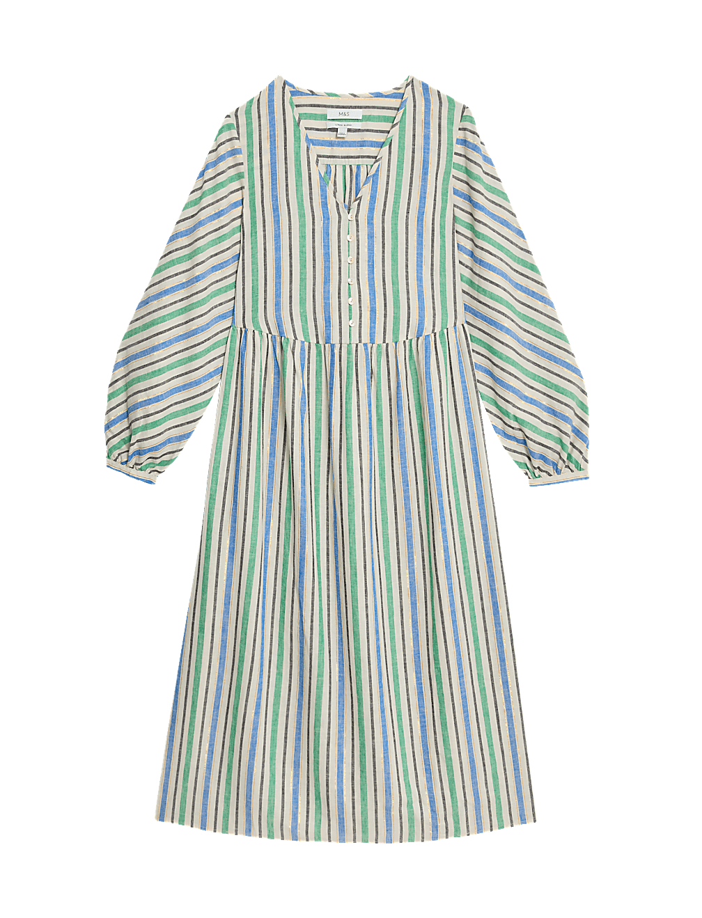 Linen Blend Metallic V-Neck Midi Shift Dress