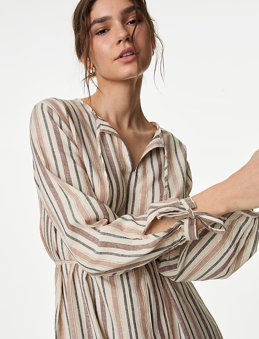 Linen Blend Striped Midi Shift Dress