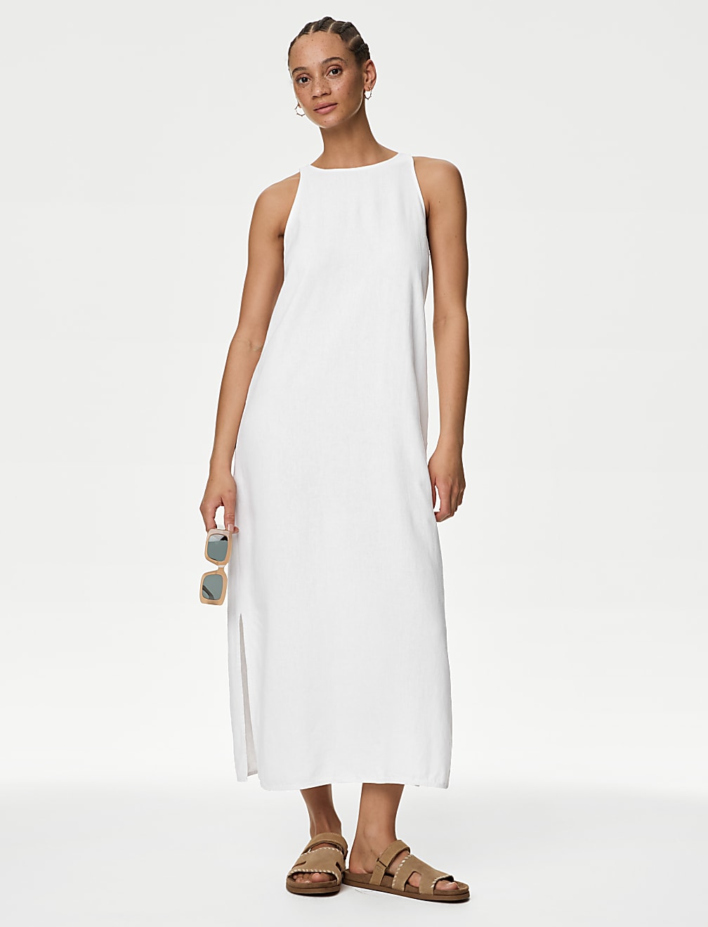 Linen Rich Round Neck Midi Slip Dress