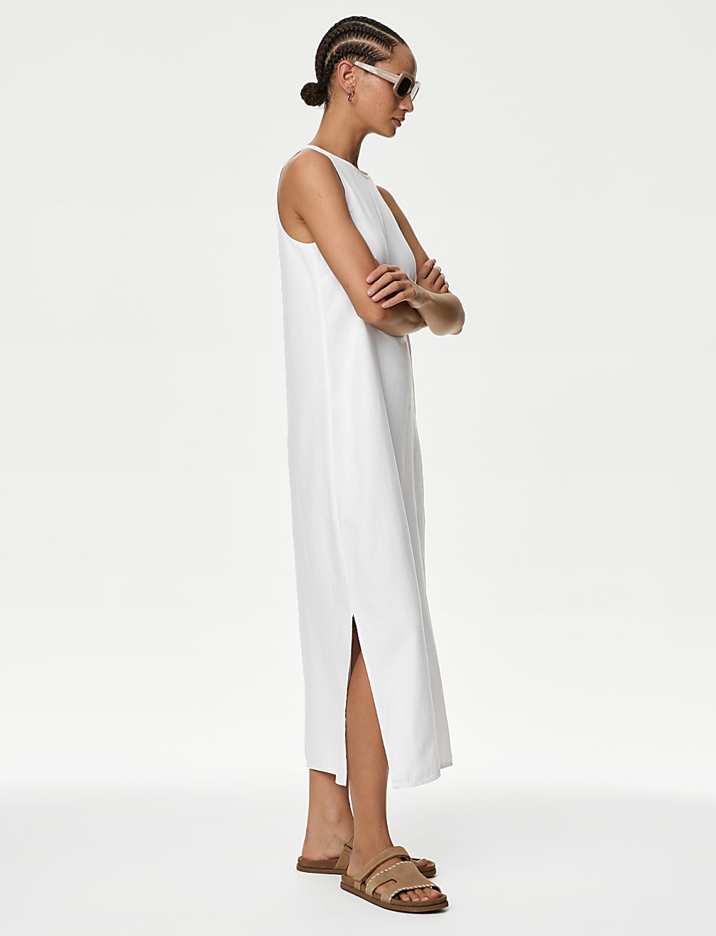 Linen Rich Round Neck Midi Slip Dress