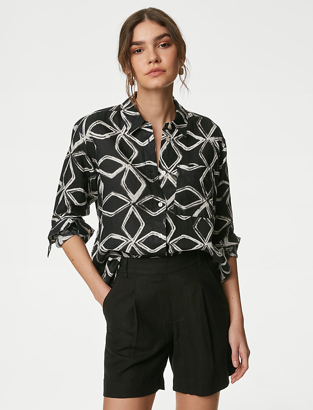 Pure Linen Printed Collared Relaxed Shirt