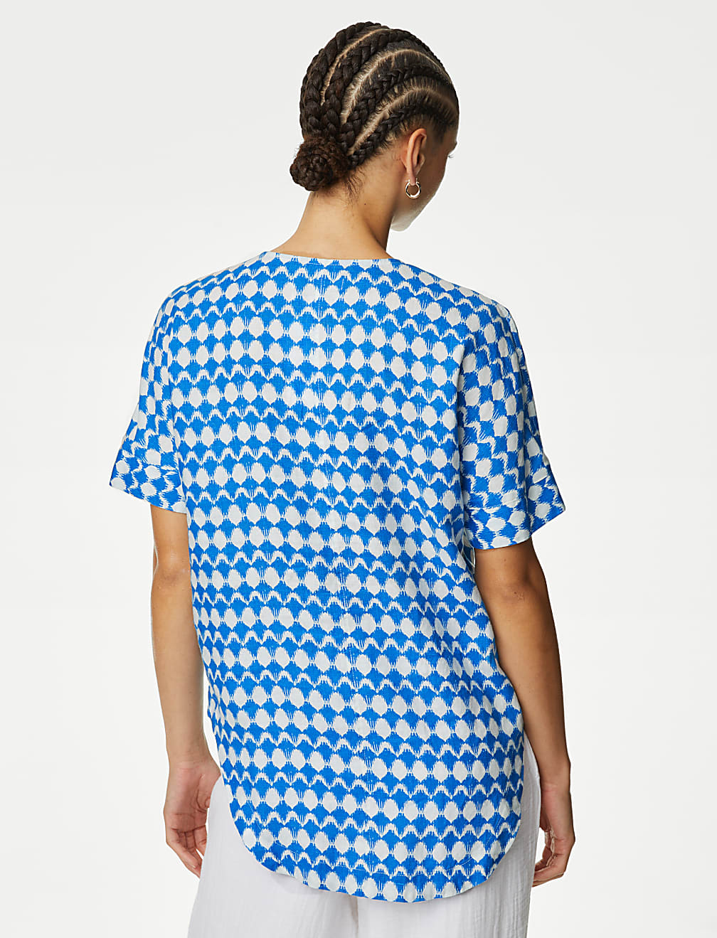 Pure Linen Printed V-Neck Popover Blouse