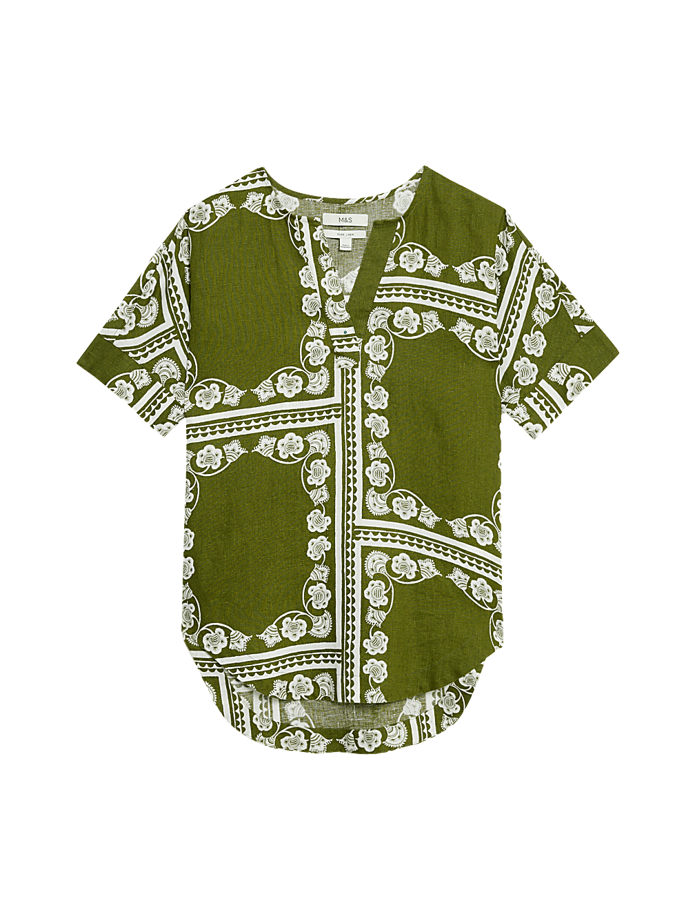 Pure Linen Printed V-Neck Popover Blouse