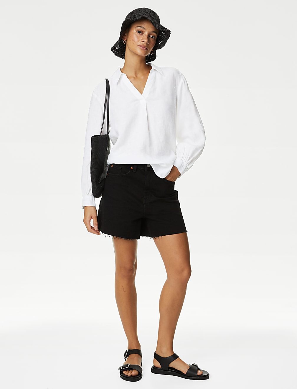 Pure Linen Collared Popover Blouse