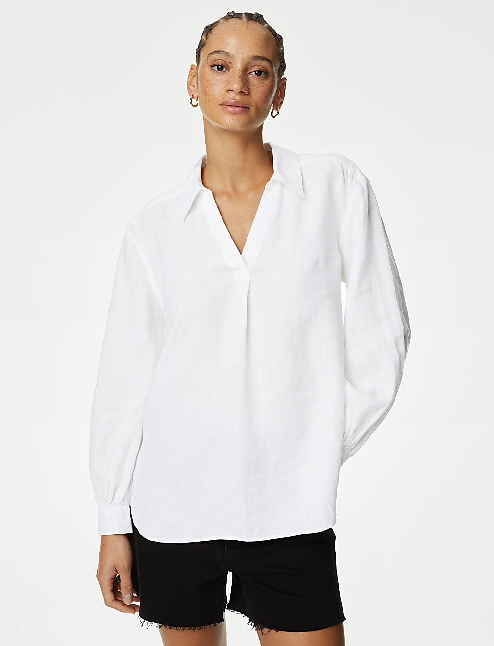 Pure Linen Collared Popover Blouse