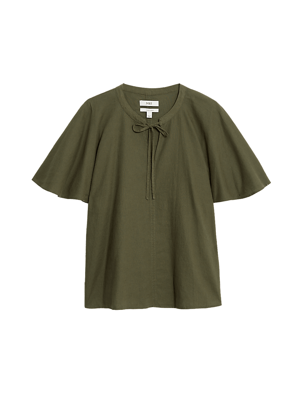Linen Rich Tie Neck Angel Sleeve Blouse