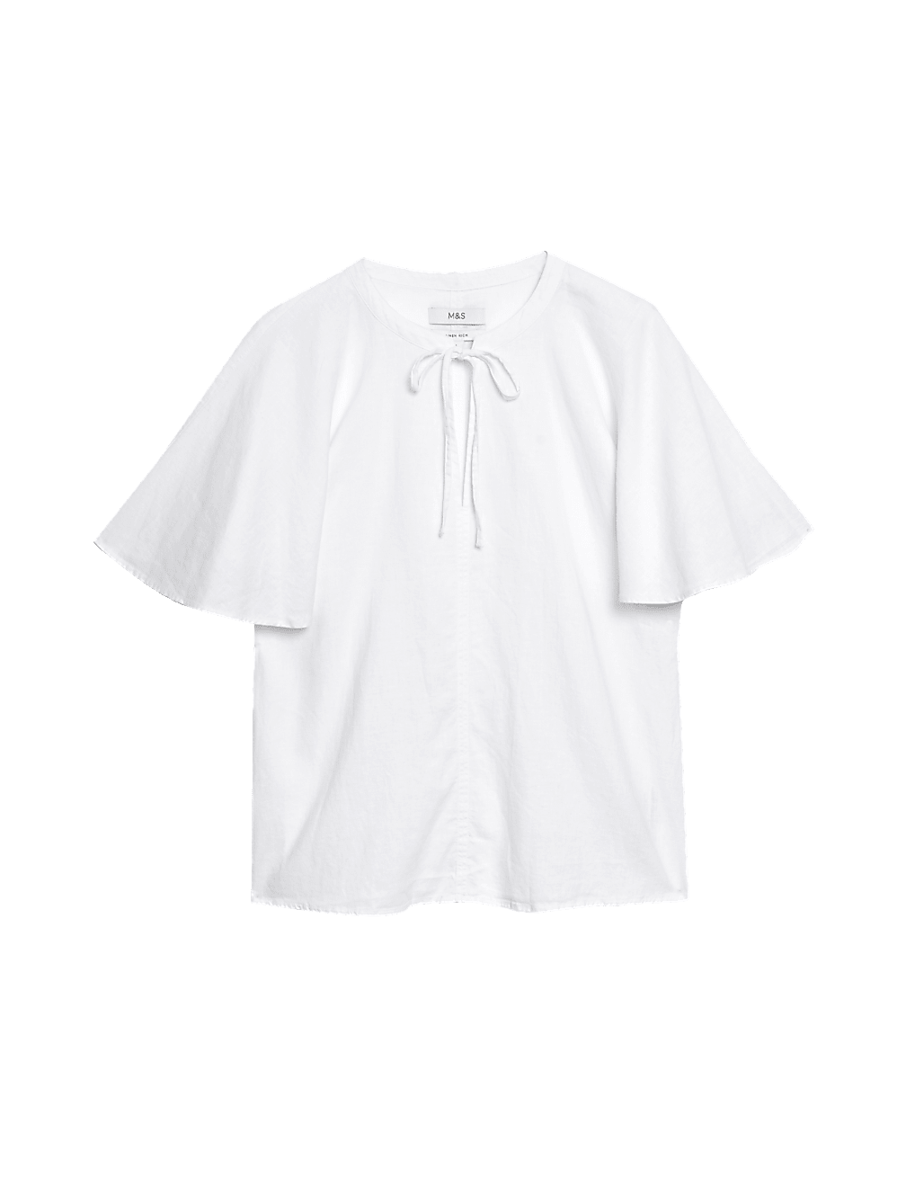 Linen Rich Tie Neck Angel Sleeve Blouse