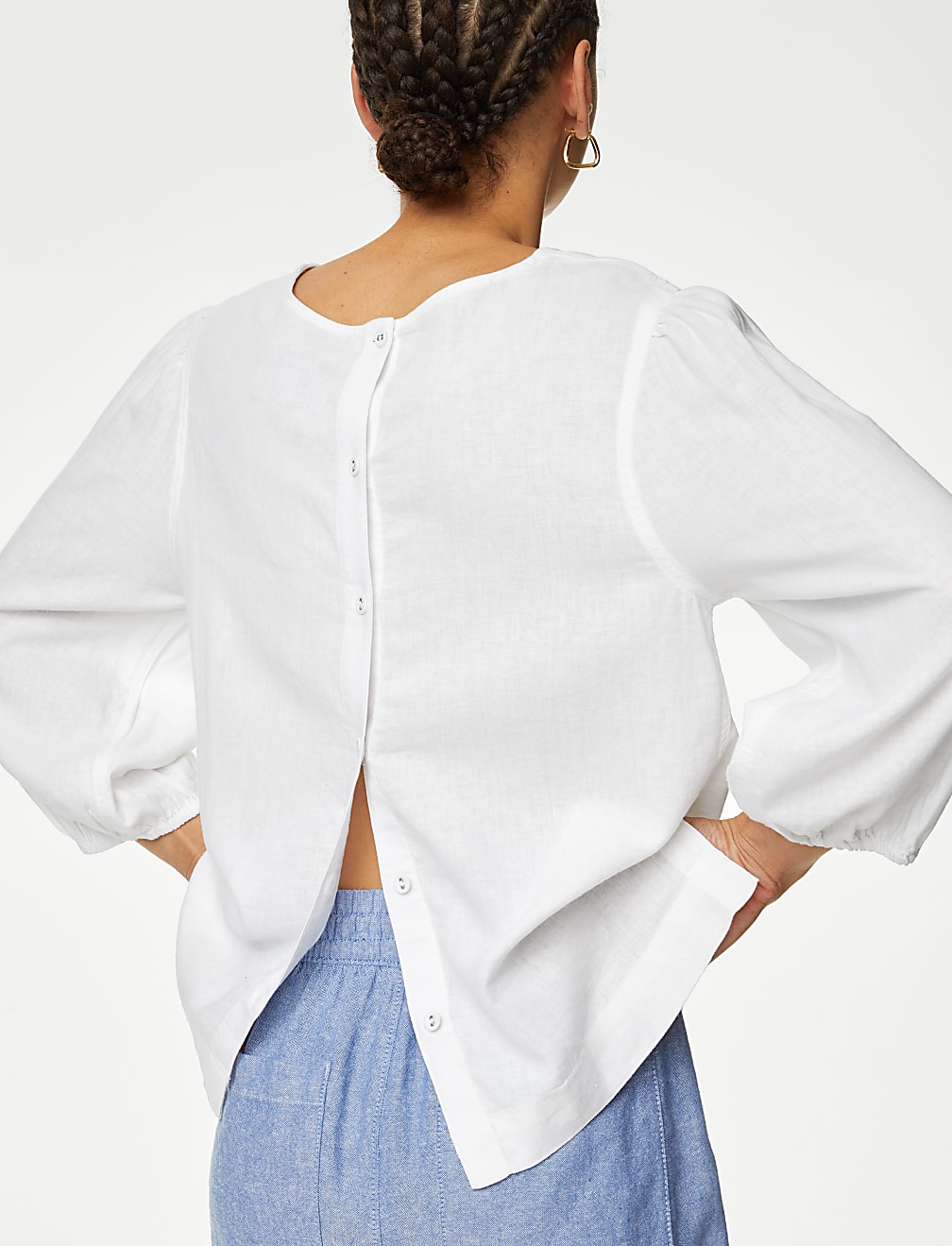 Linen Blend Round Neck Button Detail Blouse