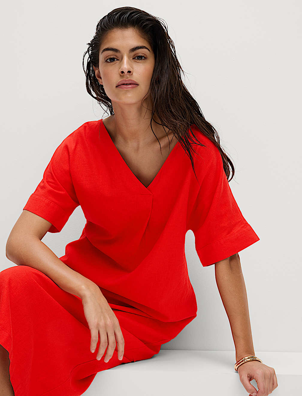 Linen Rich V-Neck Popover Midi Dress
