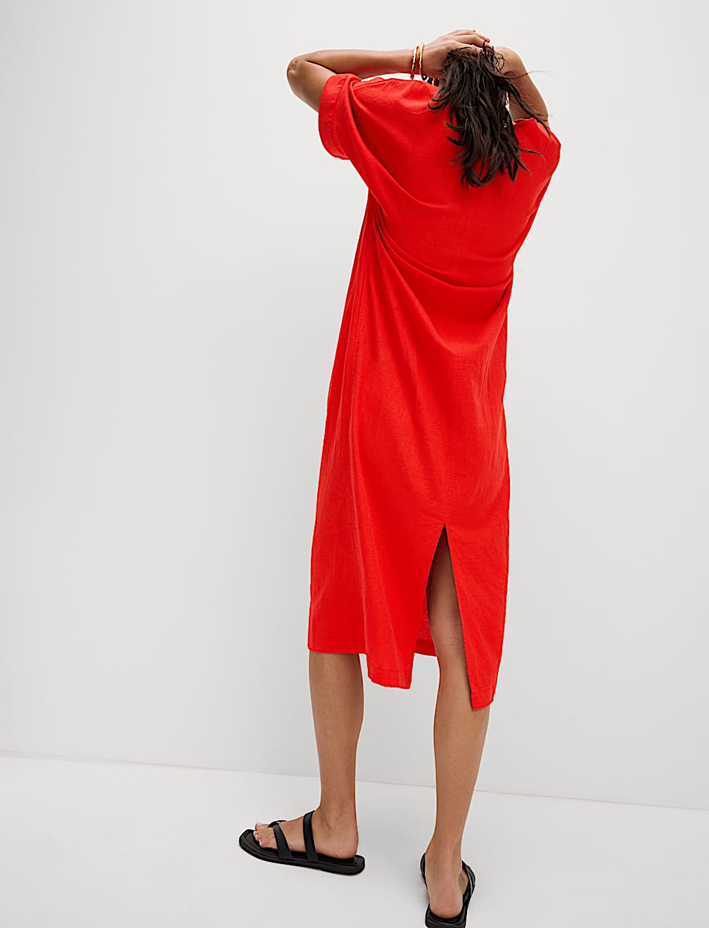 Linen Rich V-Neck Popover Midi Dress