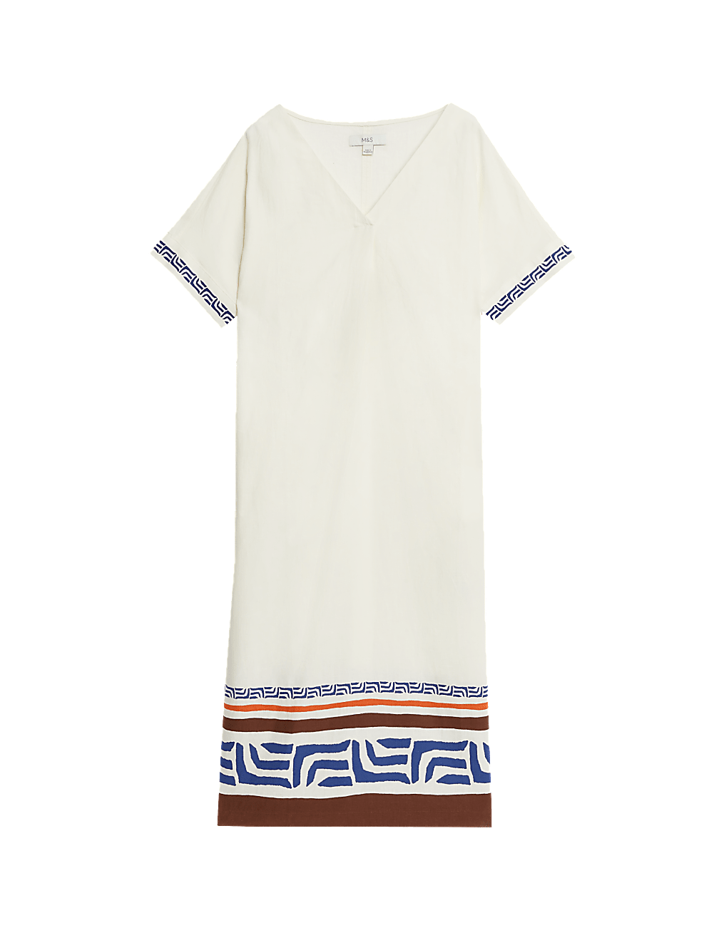 Linen Rich Printed V-Neck Midi Shift Dress