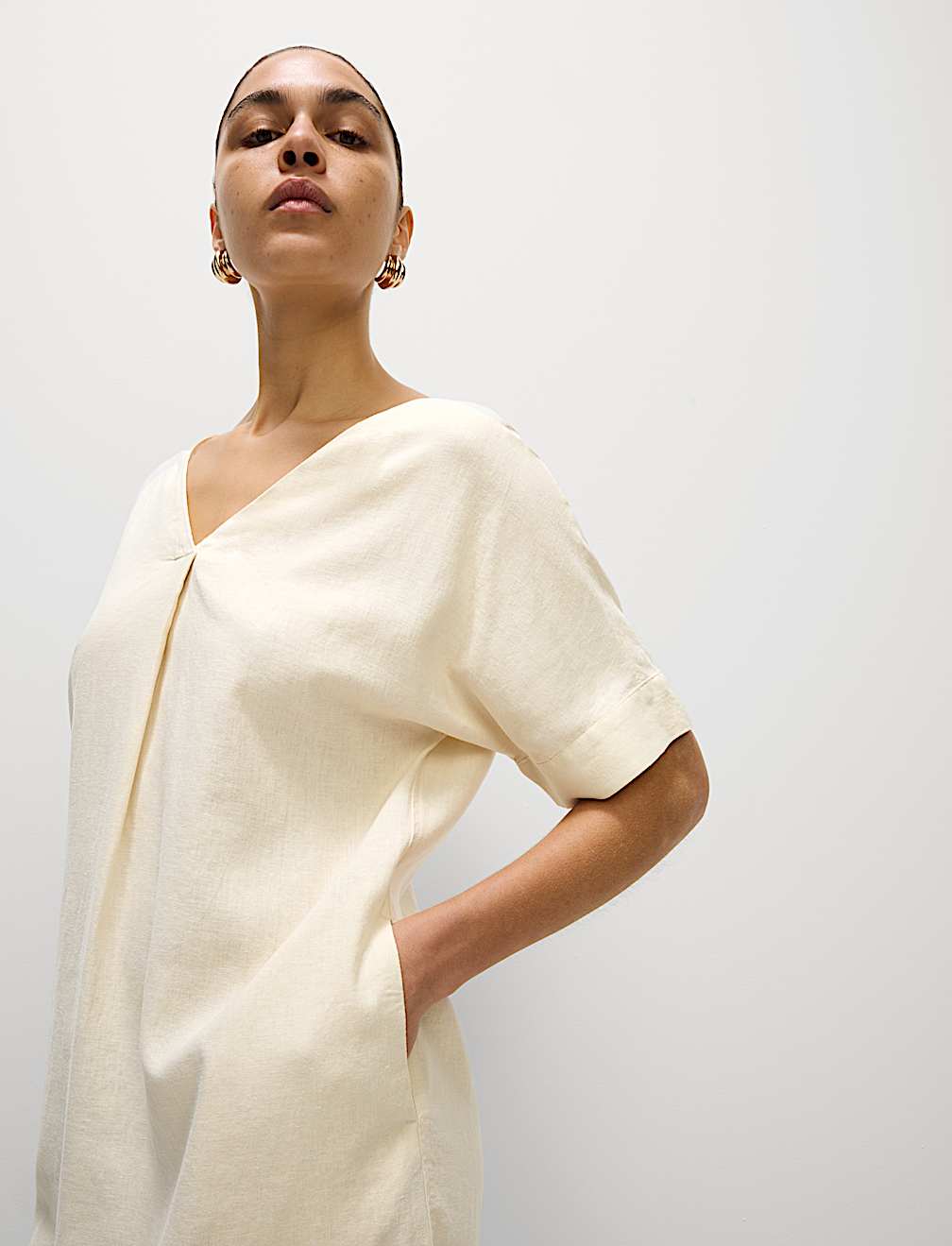 Linen Rich V-Neck Mini Shift Dress