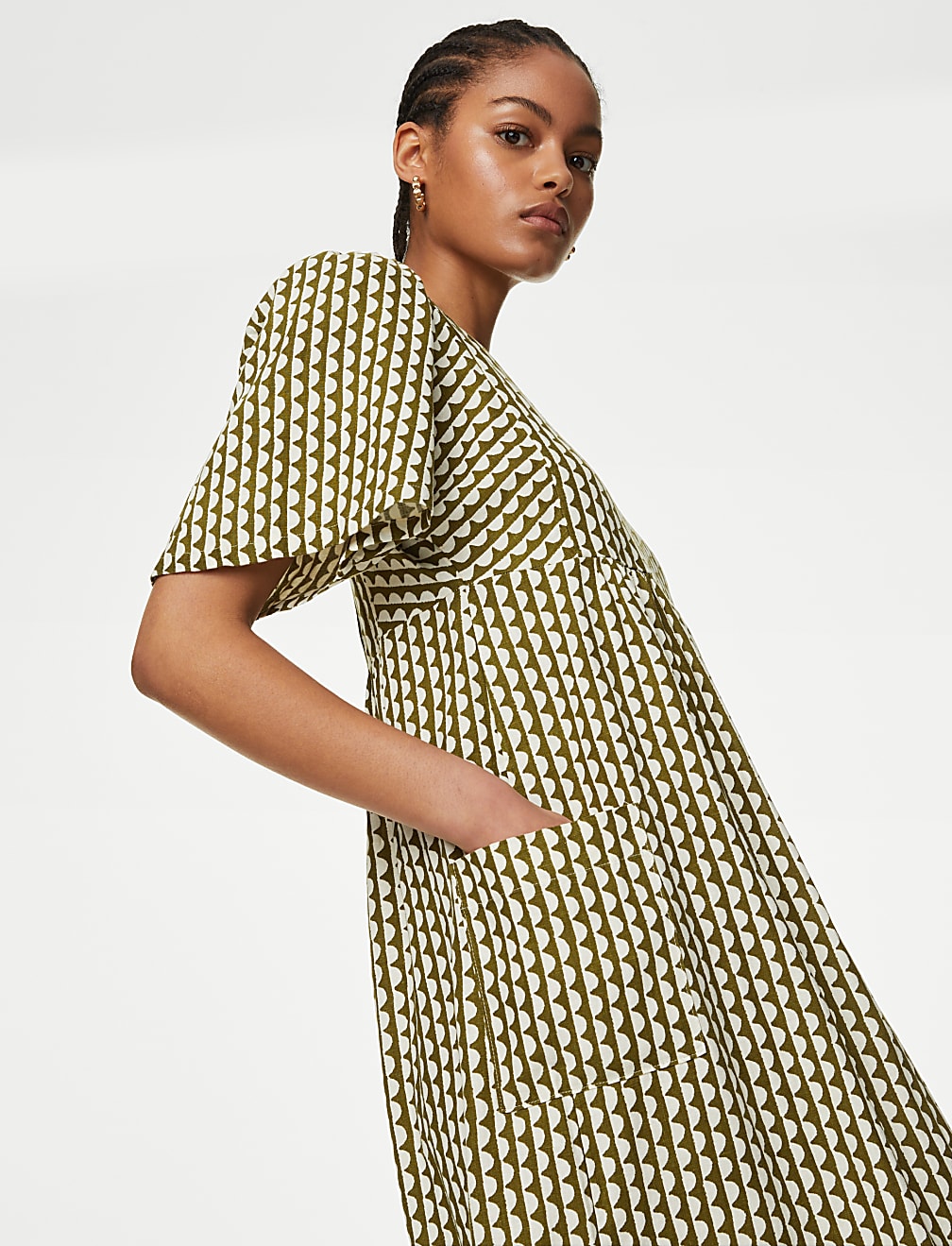 Linen Rich V-Neck Midi Kimono Shift Dress