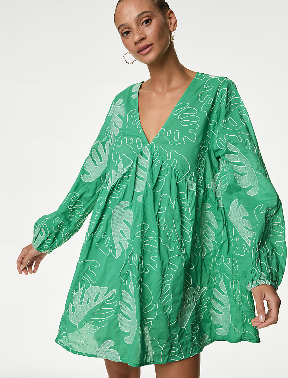 Pure Cotton Embroidered V-Neck Mini Beach Dress
