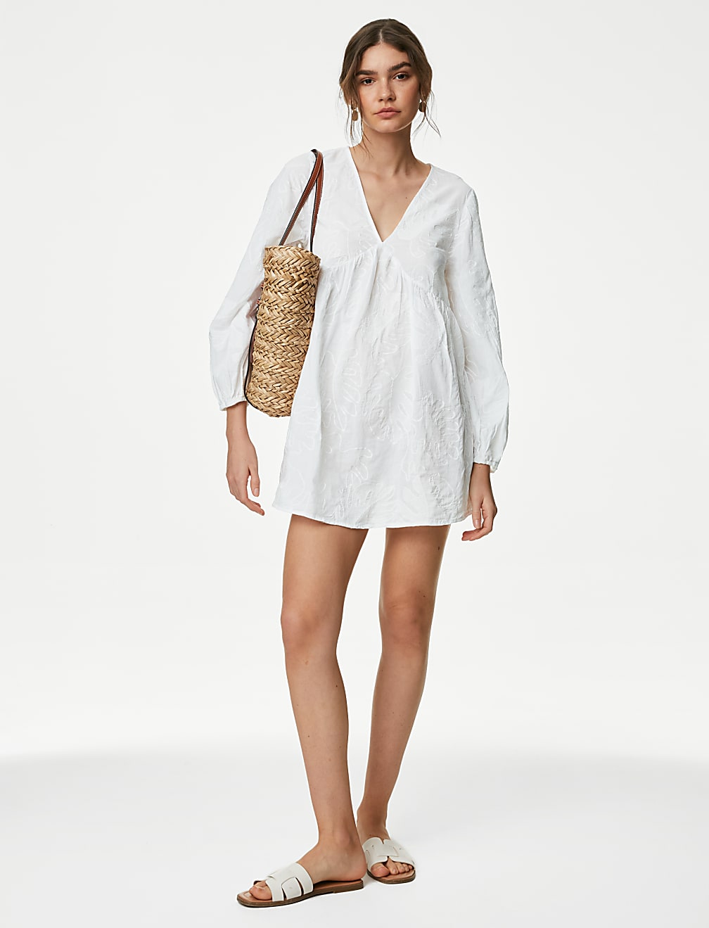 Pure Cotton Embroidered V-Neck Mini Beach Dress