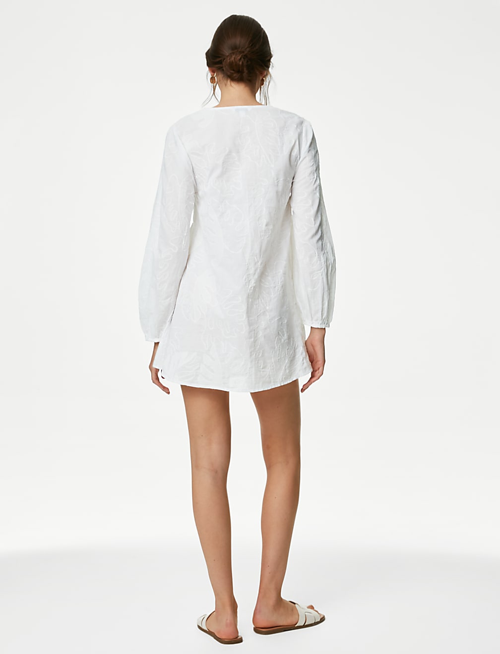 Pure Cotton Embroidered V-Neck Mini Beach Dress