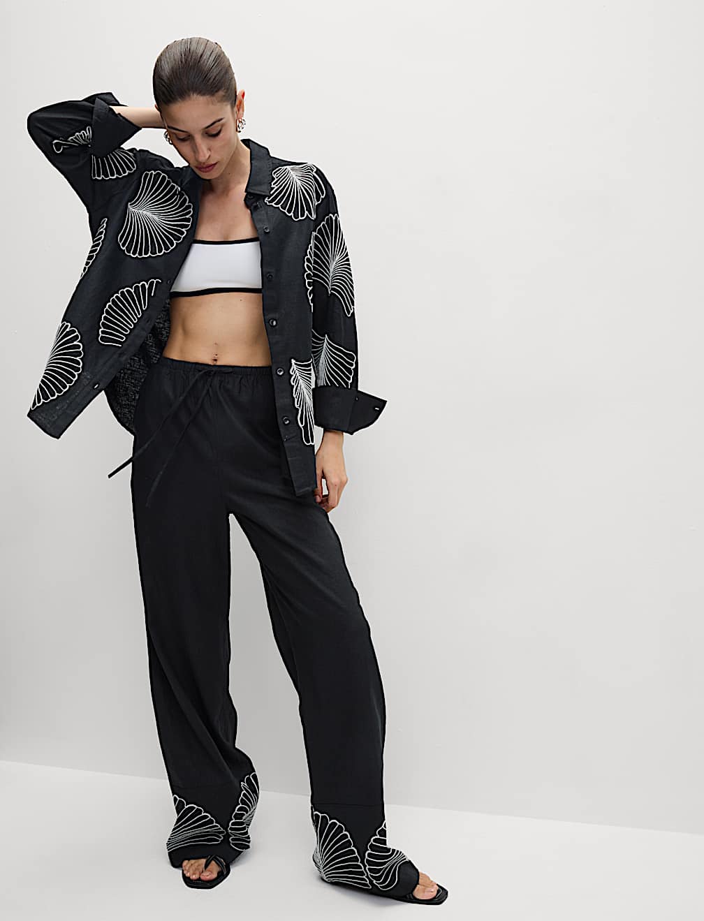 Linen Rich Embroidered Collared Relaxed Shirt