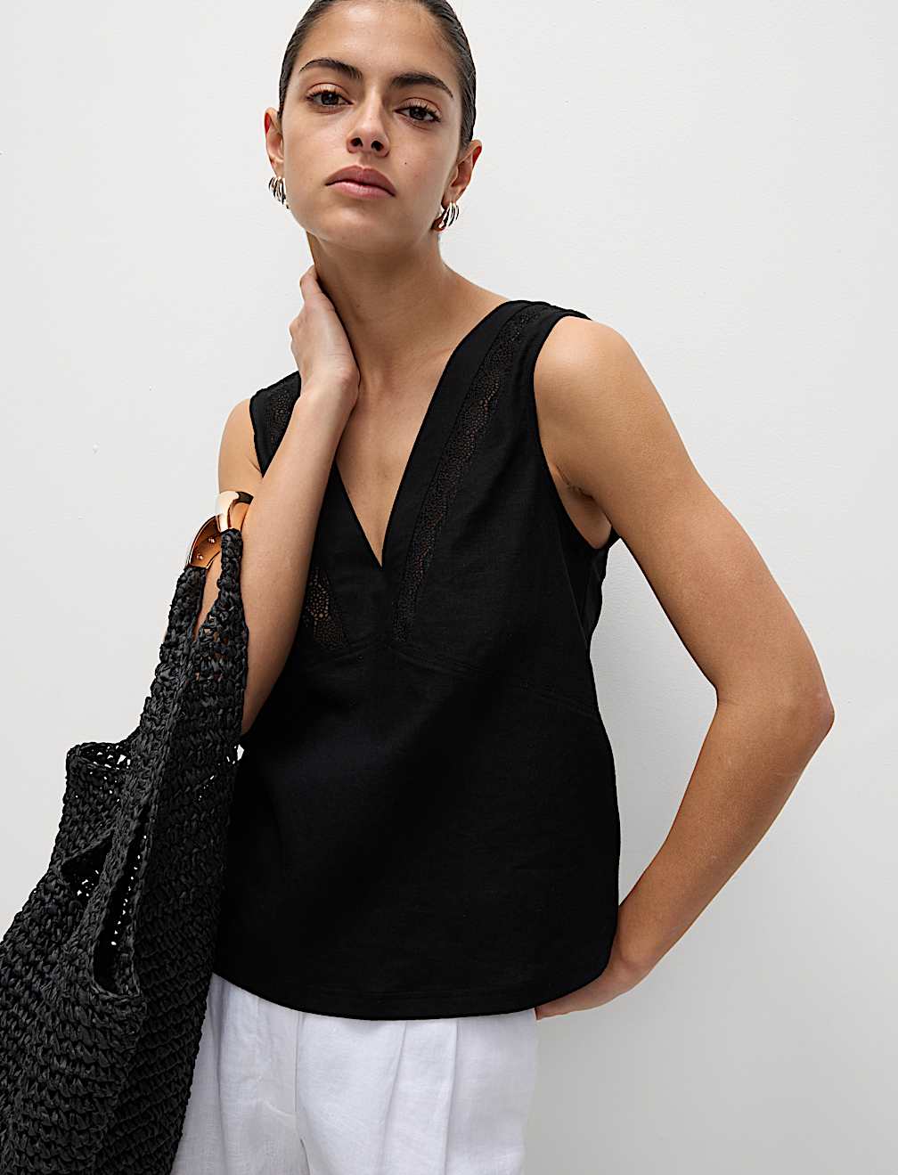 Linen Rich V-Neck Lace Insert Top