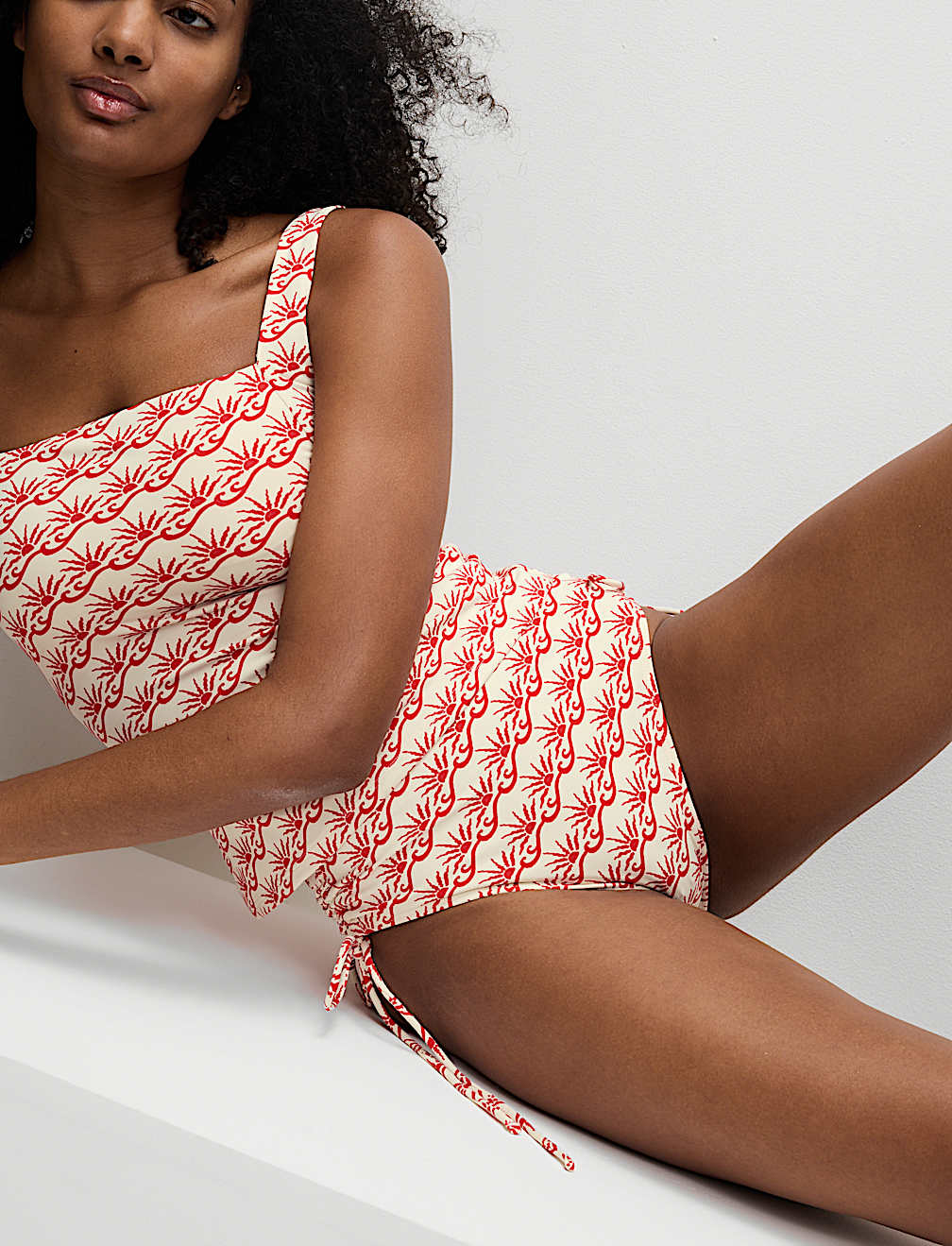 Printed Drawstring High Waisted Bikini Bottoms