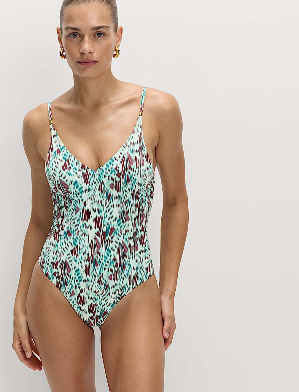Printed Trim Detail V-Neck Plunge Swimsuit