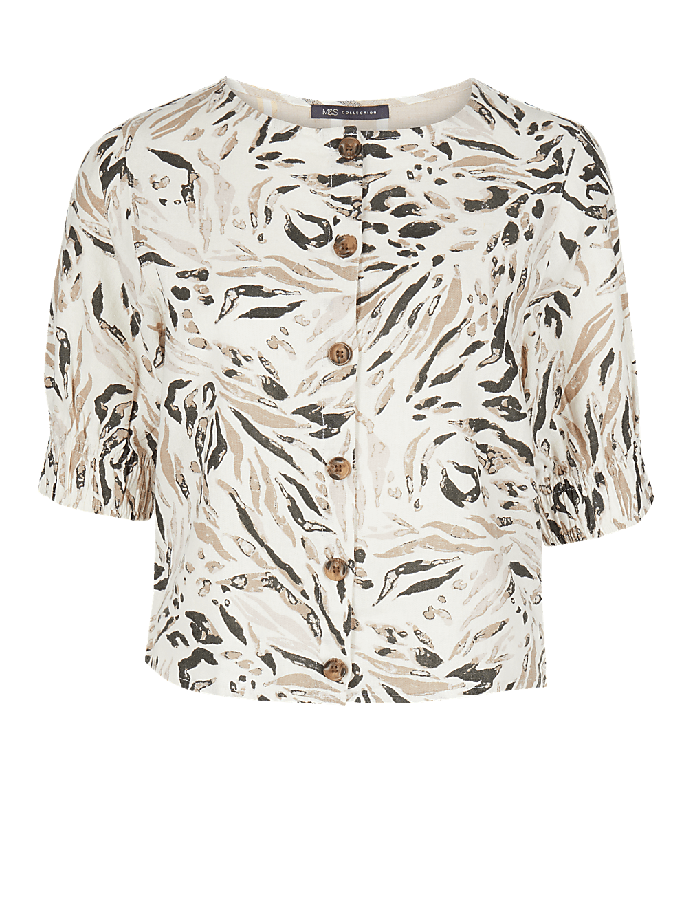 Linen Rich Animal Print Button Front Blouse
