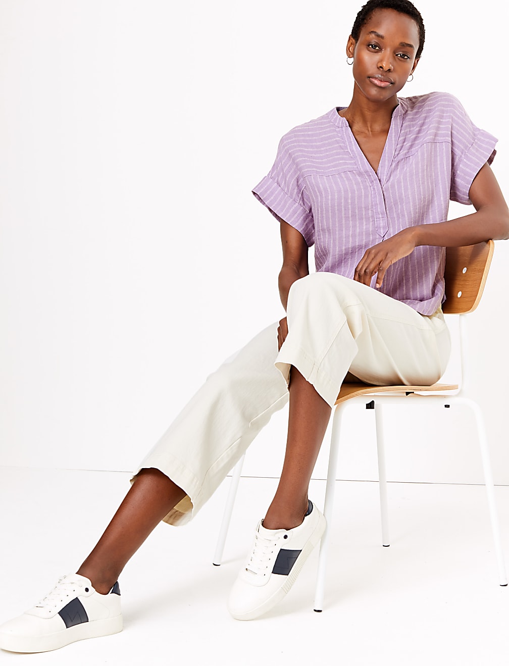 Pure Linen Striped Popover Blouse
