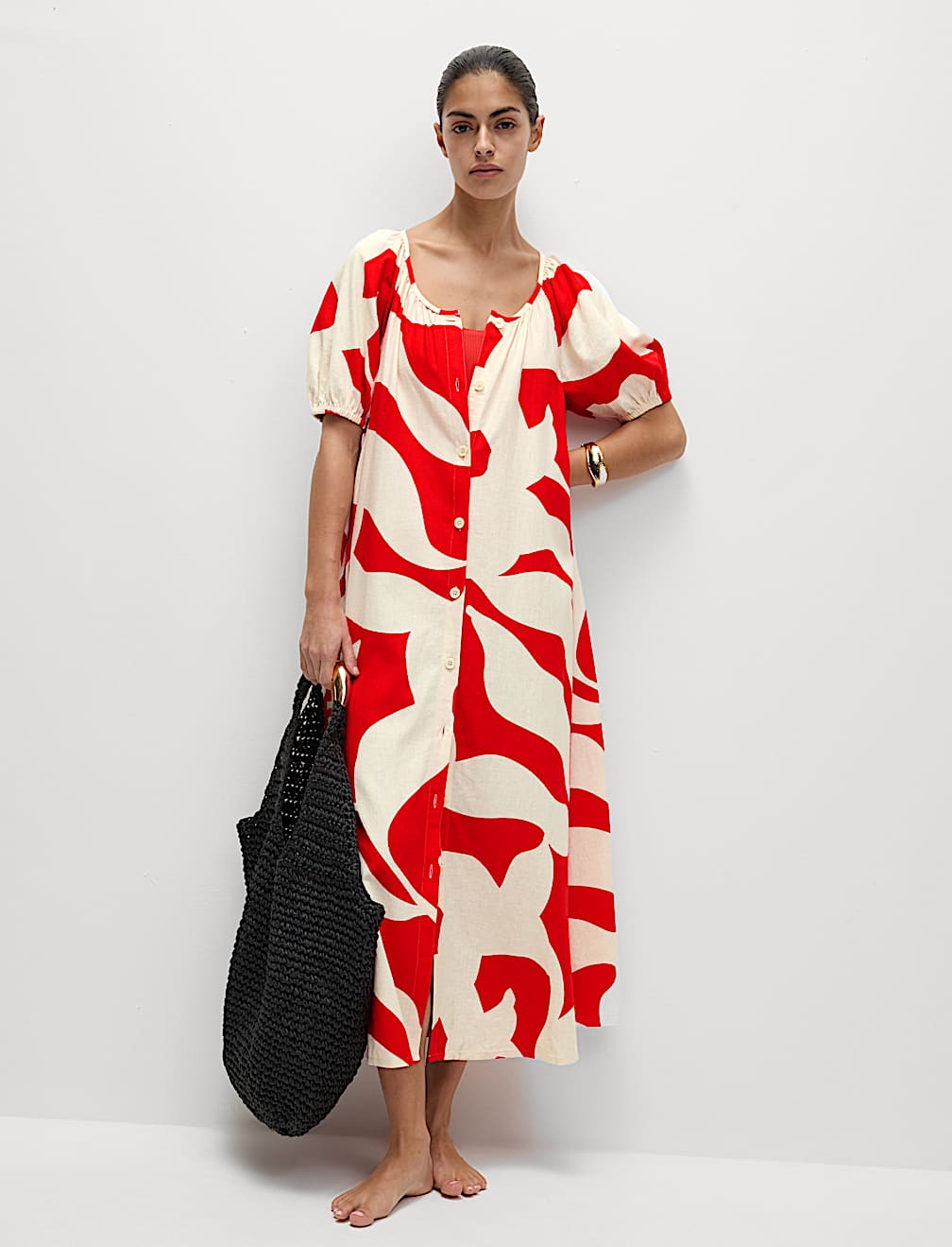Linen Rich Printed Midi Swing Dress