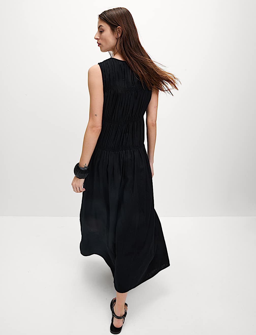 Linen Rich Ruched Midi Shift Dress