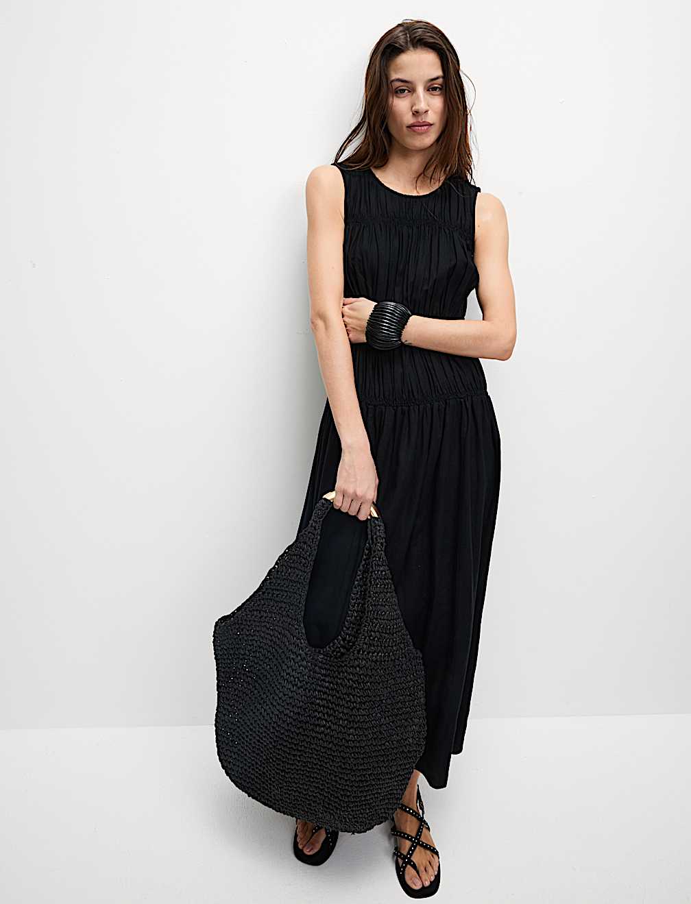 Linen Rich Ruched Midi Shift Dress