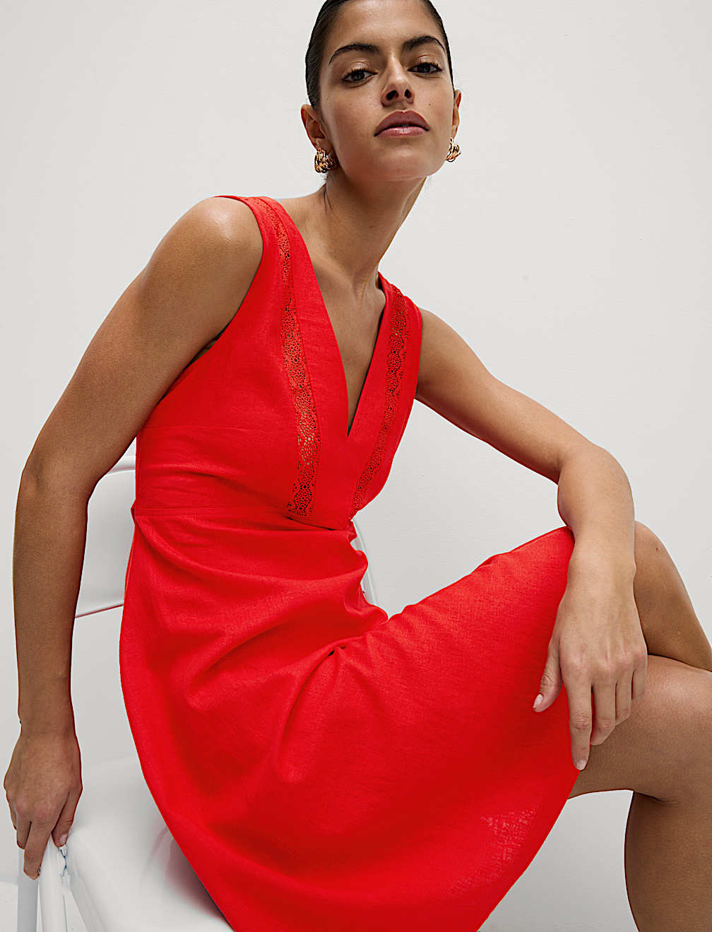 Linen Rich V-Neck Mini Shift Dress