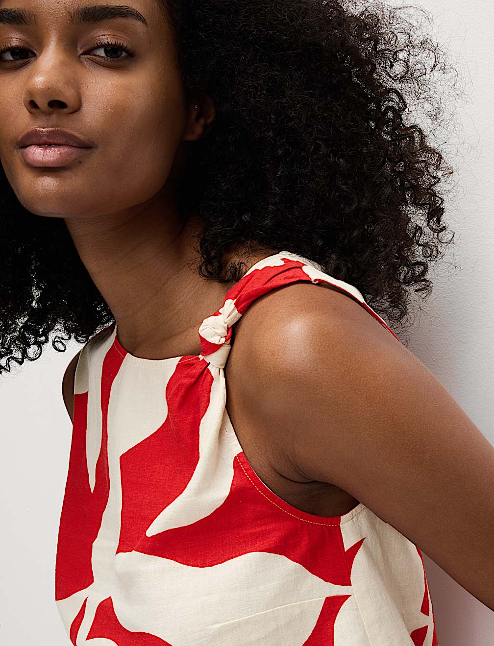 Linen Rich Printed Twist One Shoulder Top