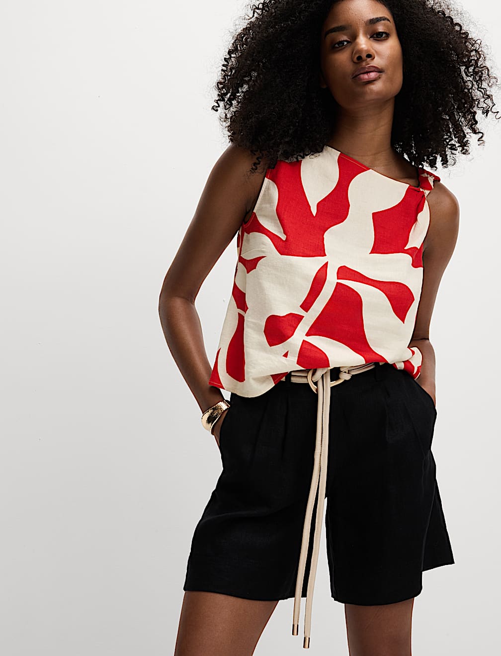 Linen Rich Printed Twist One Shoulder Top