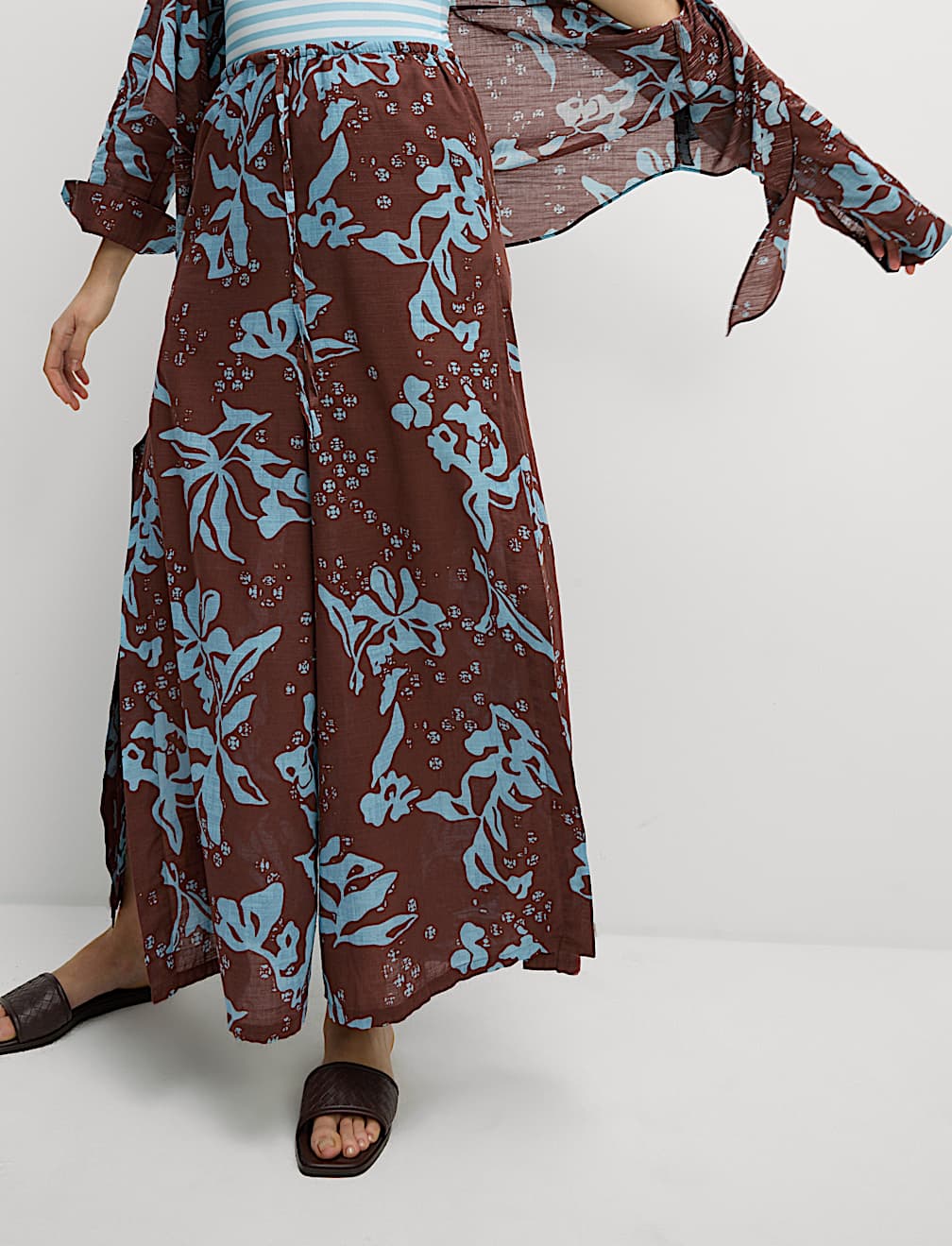 Pure Cotton Floral Elasticated Waist Wide Leg Trousers