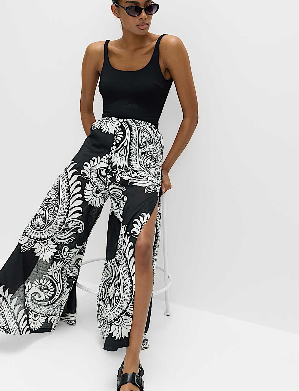 Pure Cotton Floral Elasticated Waist Wide Leg Trousers