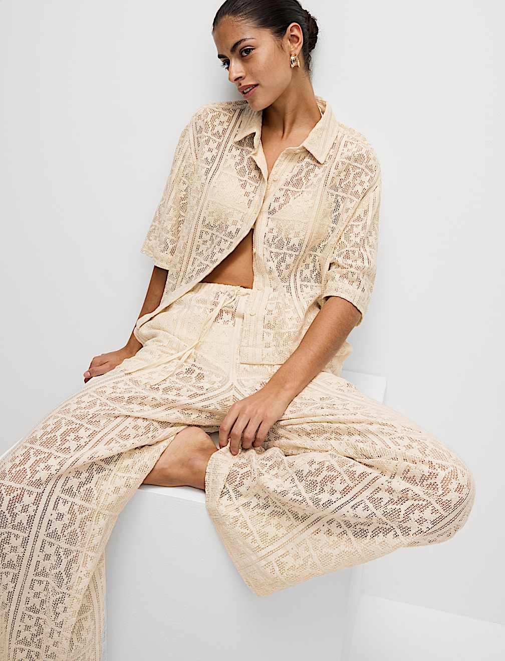 Pure Cotton Crochet Short Sleeve Beach Shirt